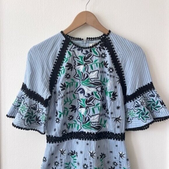 AMUR Embroidered Logan Pom Pom Trim Mini Dress Blue Floral Striped - Picture 5 of 9